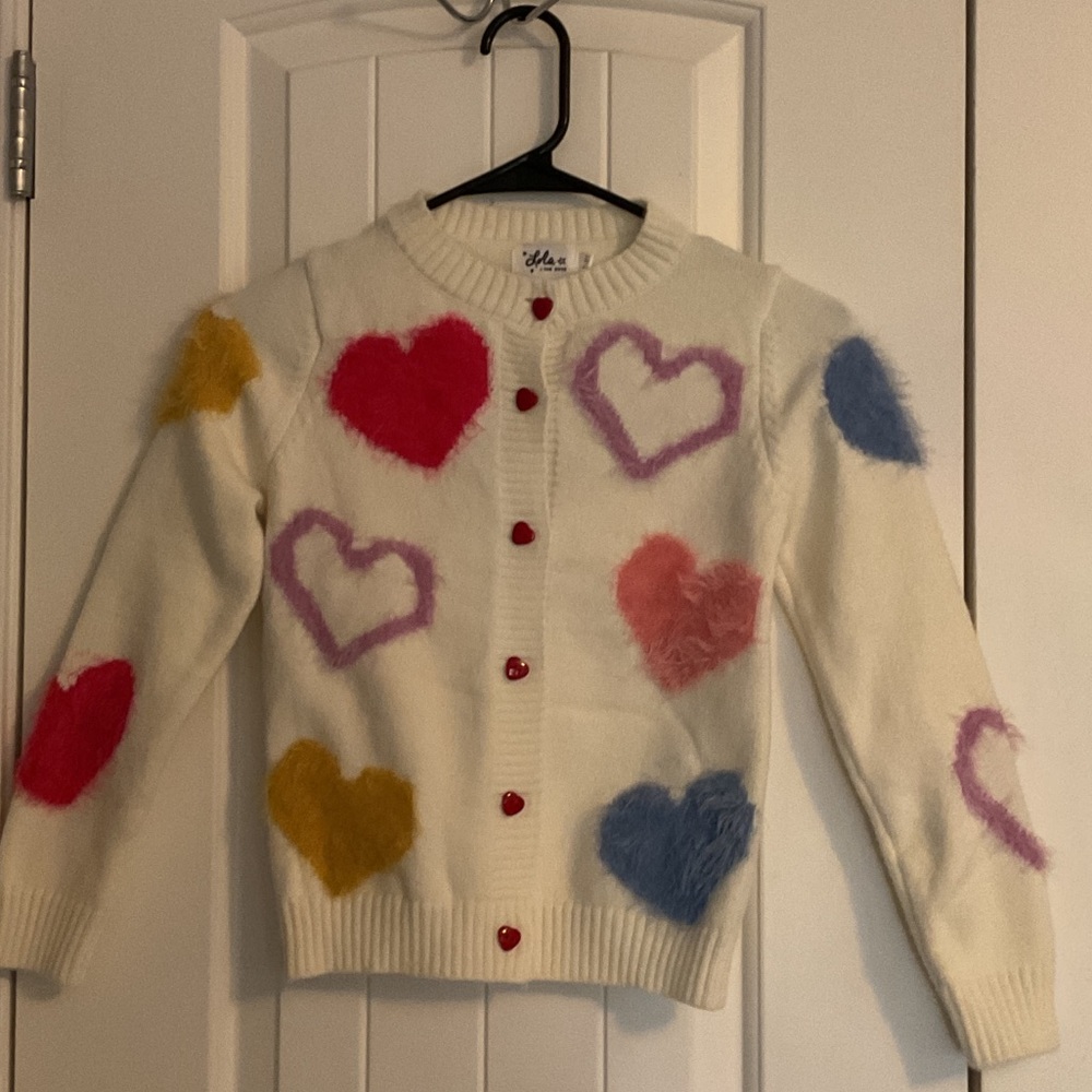 Lola + The Boys Cream Cardigan with Multicolor Heart Patterns